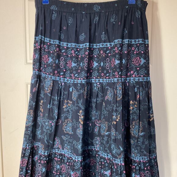 Chadwick's Navy Multi Color Tired Lined Elastic Waist Boho Peasant Skirt M - Picture 2 of 6